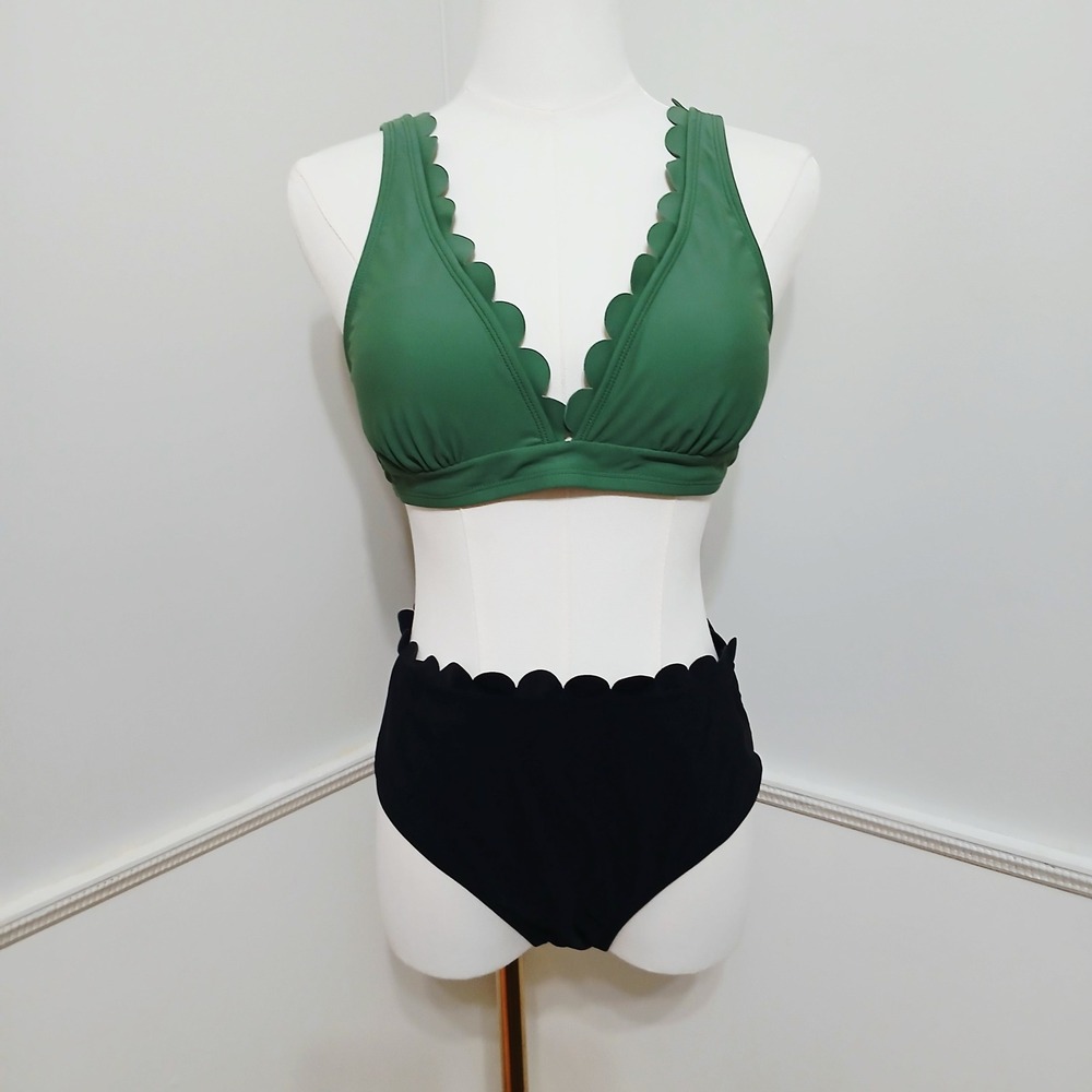 Cupshe Women Green‎ Black Scalloped Trim High Waisted Bikini Set Size M
